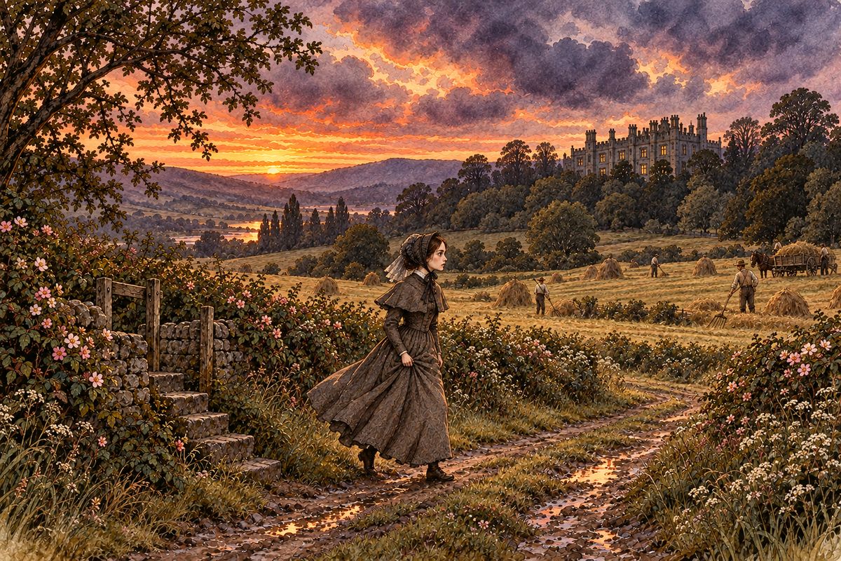Jane did not send word of the day she would come back. At six o'clock on a June evening she slipped away from the George Inn at Millcote and walked the old road through the hayfields. The closer she came to Thornfield, the gladder she felt, though she told herself he was not thinking of her.