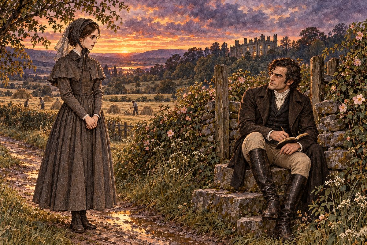 At the stone stile sat Mr Rochester, writing in a book, and Jane trembled so much she could hardly move. He teased her for creeping home like a ghost, then asked her to come and judge his new carriage: "Tell me if you don't think it will suit Mrs Rochester exactly."