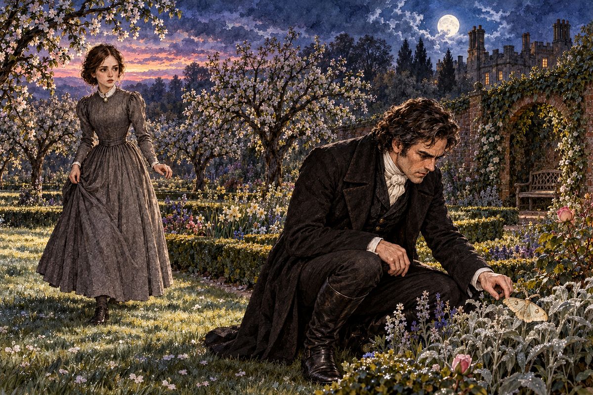 On Midsummer Eve, Jane went out into the orchard. She caught the smell of his cigar and tried to slip past Mr Rochester while he bent over a great moth. As she crossed his long moonlit shadow, he said quietly, without turning round: "Jane, come and look at this fellow."