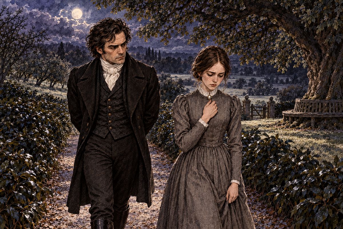 He walked her down the laurel walk and gently said that he would soon marry, so she must leave. He had already found her a new post: teaching five daughters of a Mrs O'Gall in Ireland. "It is a long way off, sir," Jane said, and her tears came. "The sea is a barrier—from you."