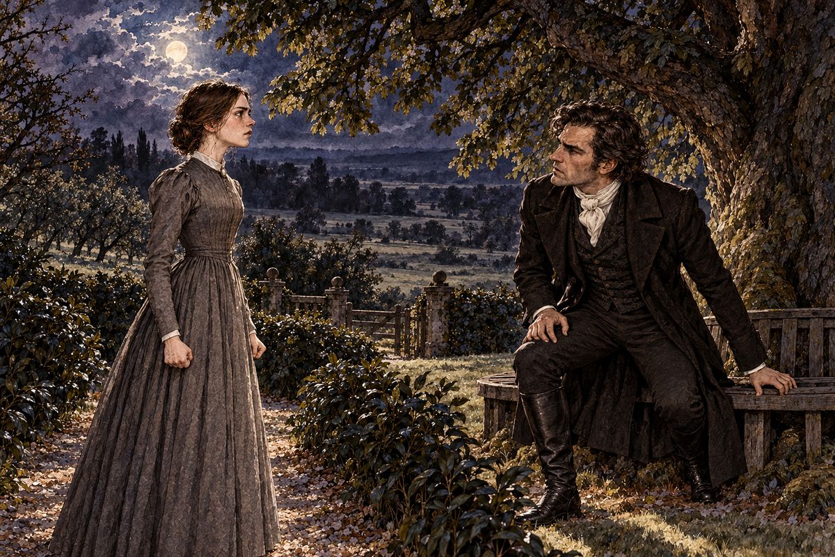 On the bench under the great chestnut, the nightingale sang and Jane's grief burst out. "Do you think, because I am poor, obscure, plain, and little, I am soulless and heartless? I have as much soul as you,—and full as much heart!" She told him their spirits stood equal before God.