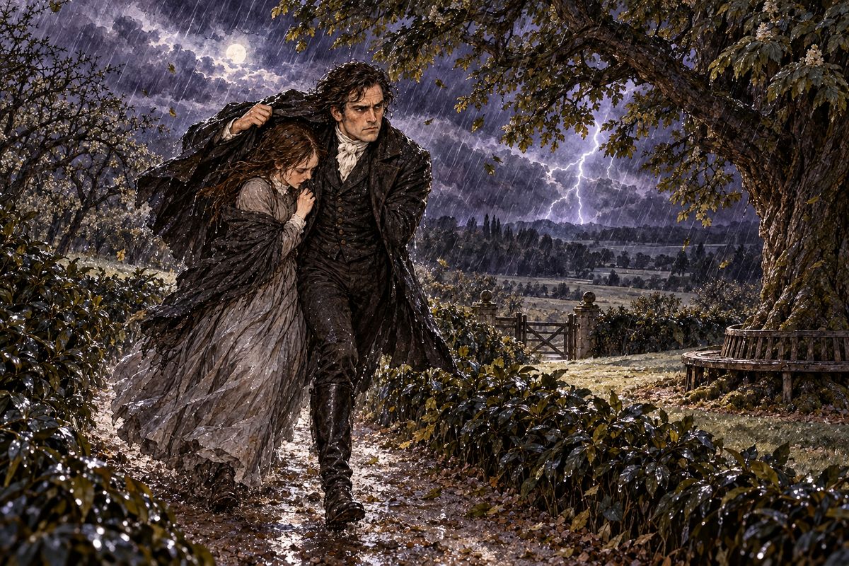 While he held her and asked again and again if she was happy, the moon went behind cloud. The chestnut groaned and twisted in a sudden wind. Lightning split the sky with a crash, the rain poured down, and he hurried her up the walk to the house.