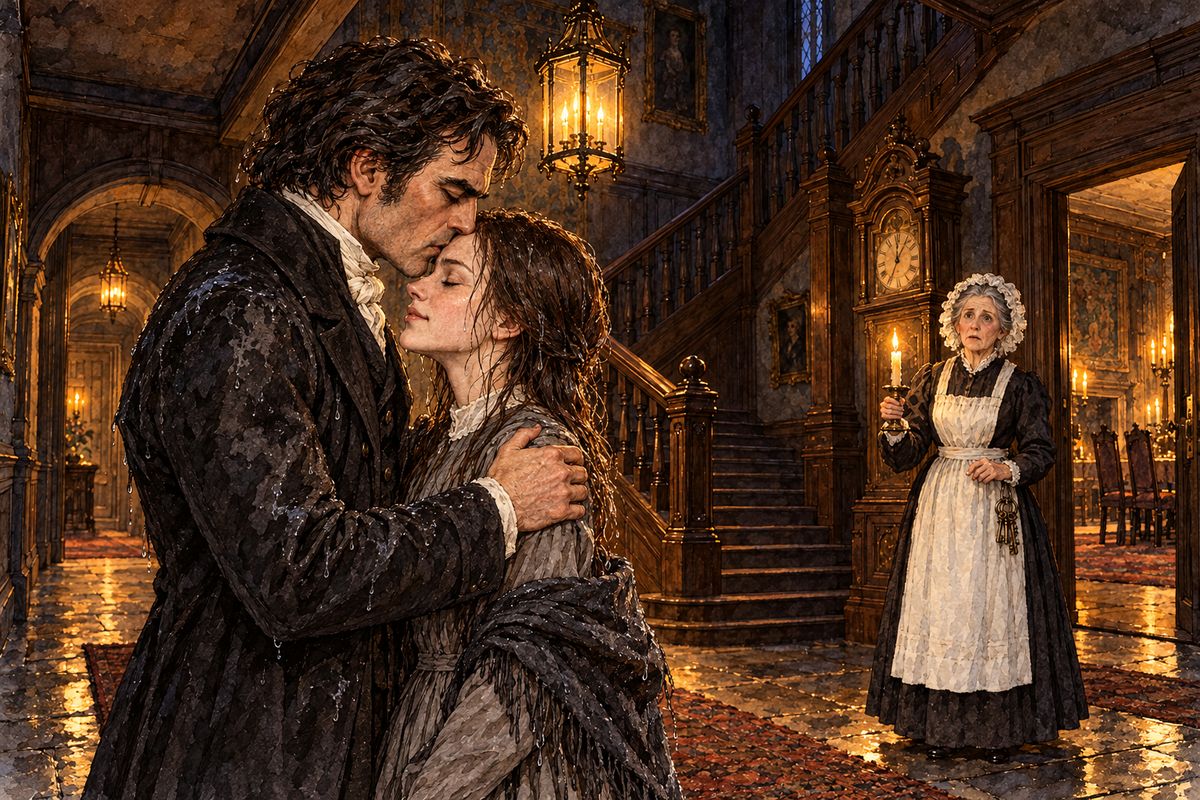 They were soaked through by the time they reached the hall, and the clock was striking twelve. He shook the rain from her loosened hair and kissed her goodnight, "my darling!" Looking up, Jane saw Mrs Fairfax standing there, pale, grave and amazed. Jane only smiled and ran upstairs, too happy to fear the storm.