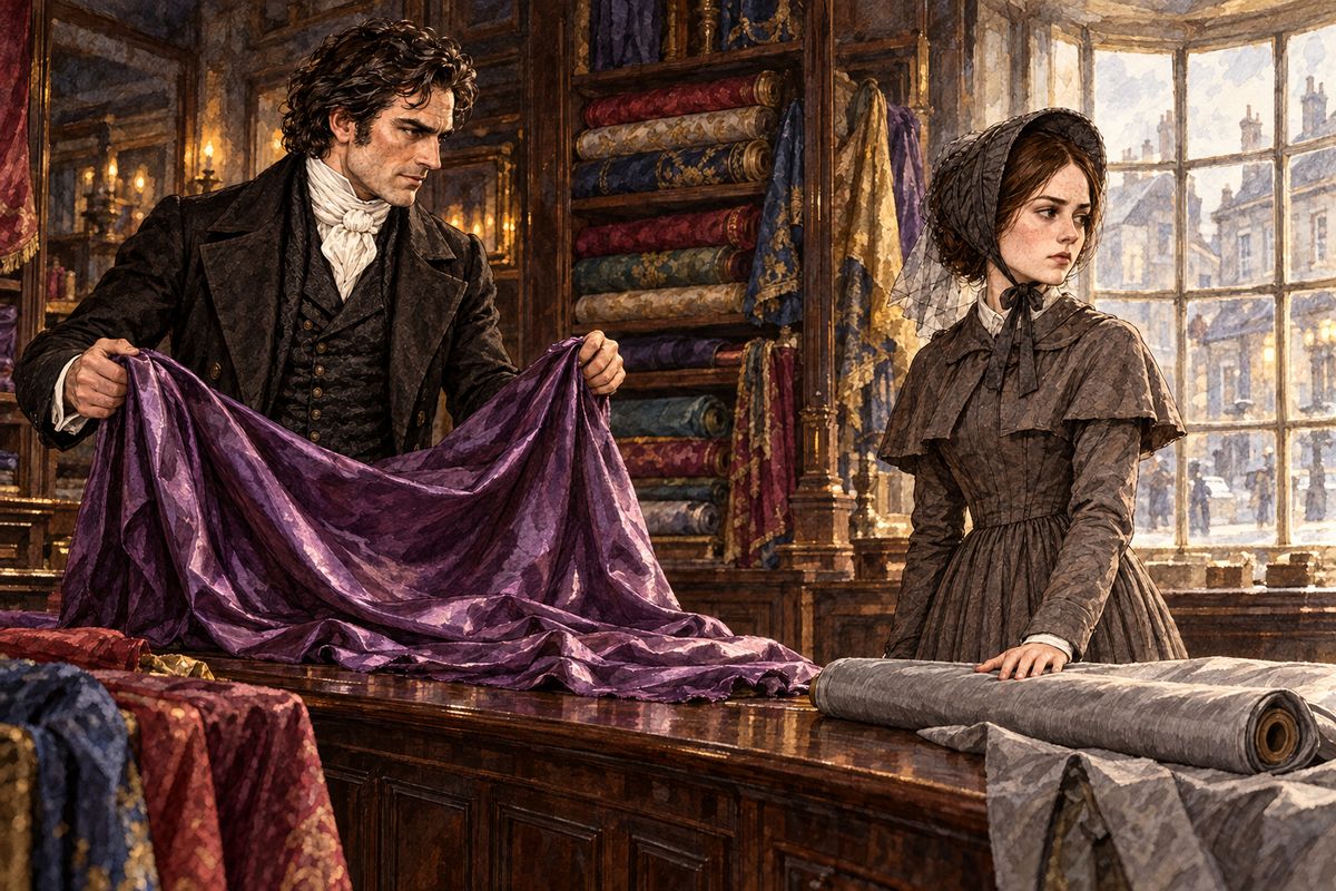 At the silk warehouse he chose a blazing amethyst silk and a pink satin. Jane whispered him down to sober black satin and pearl-grey silk, and the jeweller's made her cheeks burn. She would write to her uncle in Madeira that very day, and stay Adèle's governess at thirty pounds a year. "I will not be your English Céline Varens."