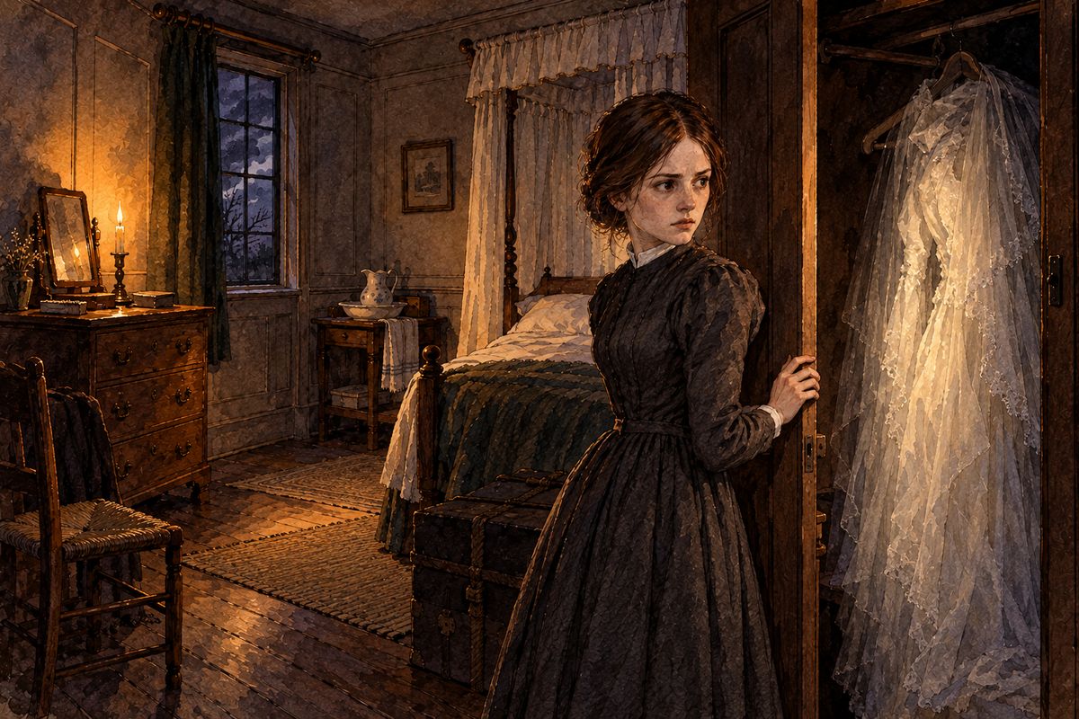 A month later, on the night before the wedding, Jane's trunks stood corded along the wall. In the closet hung the pearl-coloured dress and the veil, giving out a ghostly shimmer in the dark. Rochester was away on business, and something strange had happened the night before. "I will leave you by yourself, white dream."
