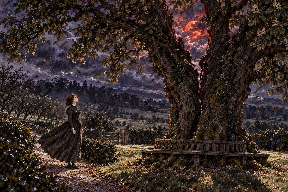 She ran out into the howling south wind. At the bottom of the orchard stood the chestnut split by the lightning, black and riven, its two halves still joined at the root. "You did right to hold fast to each other," she told it. Through the cleft a blood-red moon glanced at her and vanished.