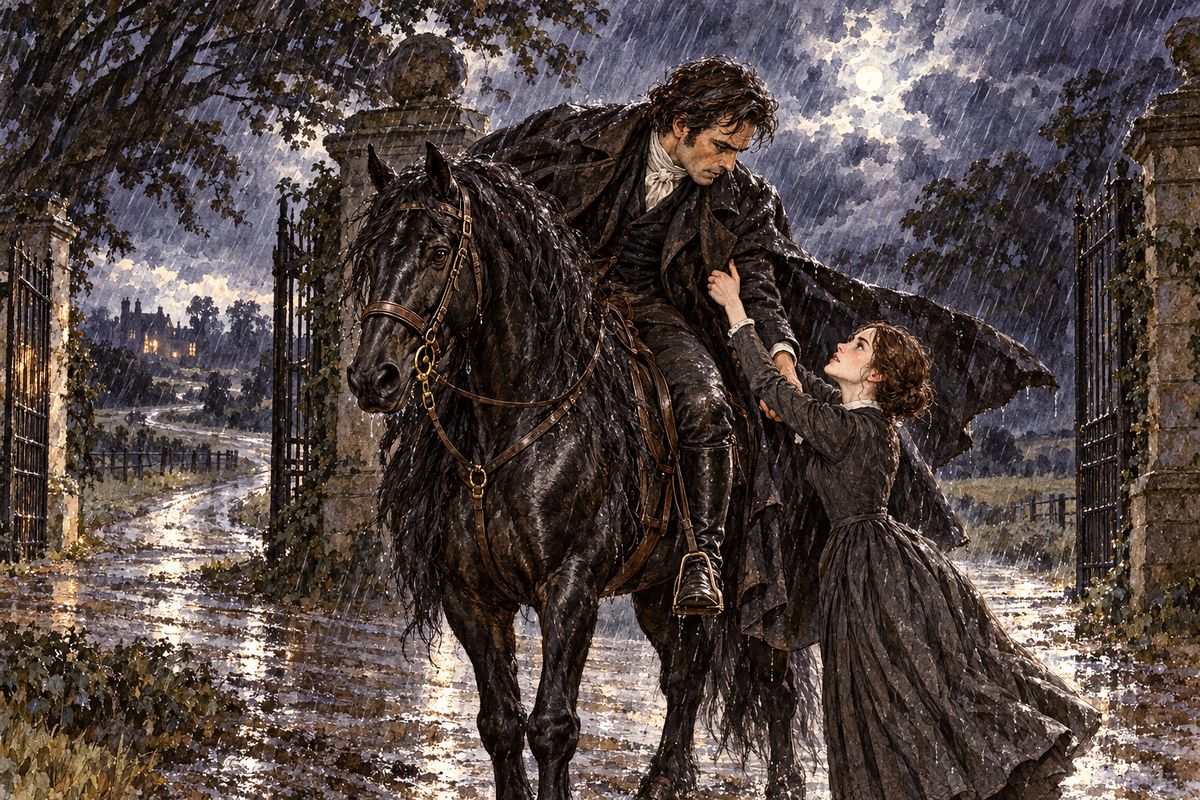 Ten o'clock struck and he had not come. She ran down to the gates, then out along the road as rain drove in. At last hoofbeats: Rochester on Mesrour, Pilot at his side. "You can't do without me, that is evident. Step on my boot-toe; mount!" He wrapped his cloak round her and rode home.
