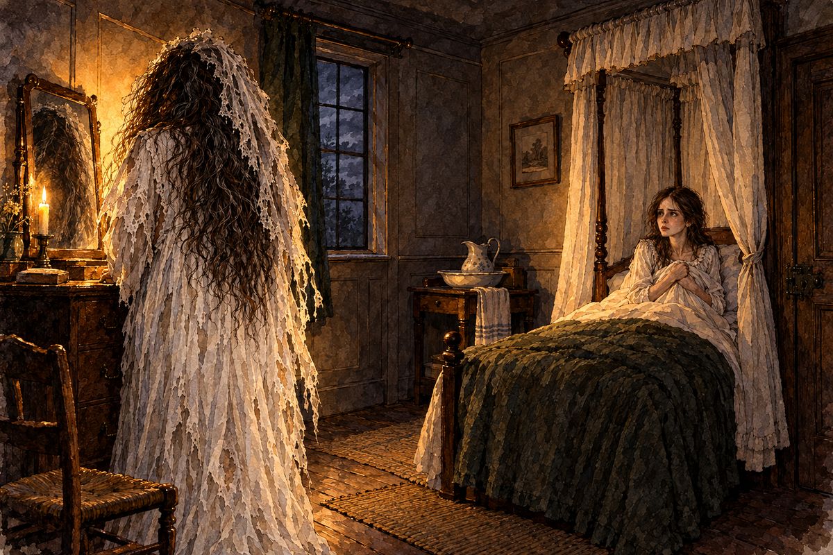 By the library fire past midnight she told him her dreams: a crying child in her arms, Thornfield a ruin, his horse galloping away. Then she woke to candlelight. A tall woman with wild dark hair put on the veil, stared into the mirror, tore it in two and trampled it, then blew out the candle by Jane's face.