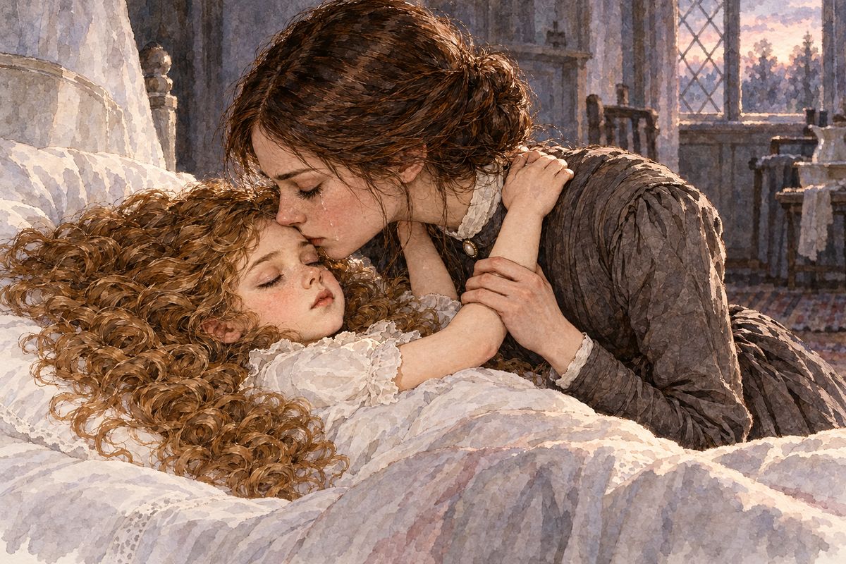Rochester shuddered, held her close, and said it must have been Grace Poole, half seen in a fever. He would explain in a year and a day. He sent her to sleep in Adèle's bed. Jane never slept; she held the child till sunrise, kissed her, and cried as she loosened the small hands from her neck.
