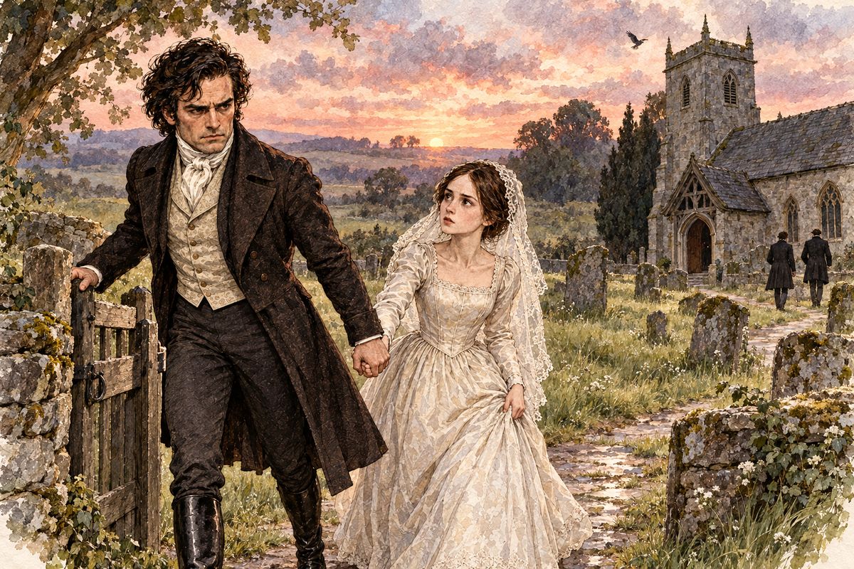 On the wedding morning Mr Rochester gave Jane ten minutes for breakfast, then hurried her down the drive in a grip of iron, grimly set on his purpose. At the churchyard gate she stopped, out of breath. She noticed two strangers among the mossy graves, who slipped round to the side door of the church.