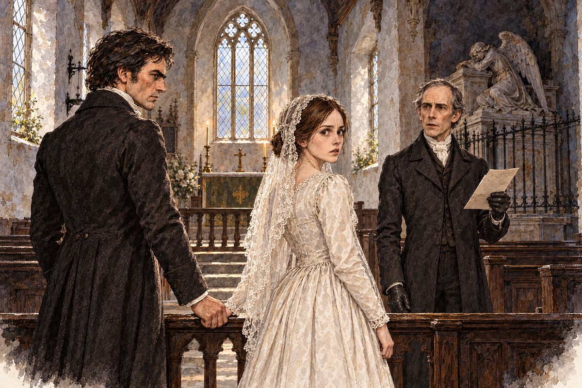 At the altar rails Mr Wood, the clergyman, asked whether anyone knew of an impediment to the marriage, and paused, as was the custom. Then a calm voice behind them broke the silence: “The marriage cannot go on: I declare the existence of an impediment.” A London solicitor named Briggs came forward and said that Mr Rochester had a wife now living.