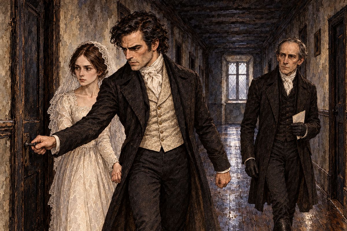 Rochester admitted the truth at once: he had married Bertha Mason, and she was mad. Still holding Jane's hand, he sent the carriage away and led the gentlemen up to the third storey and through the low black door. “You shall see what sort of a being I was cheated into espousing.”