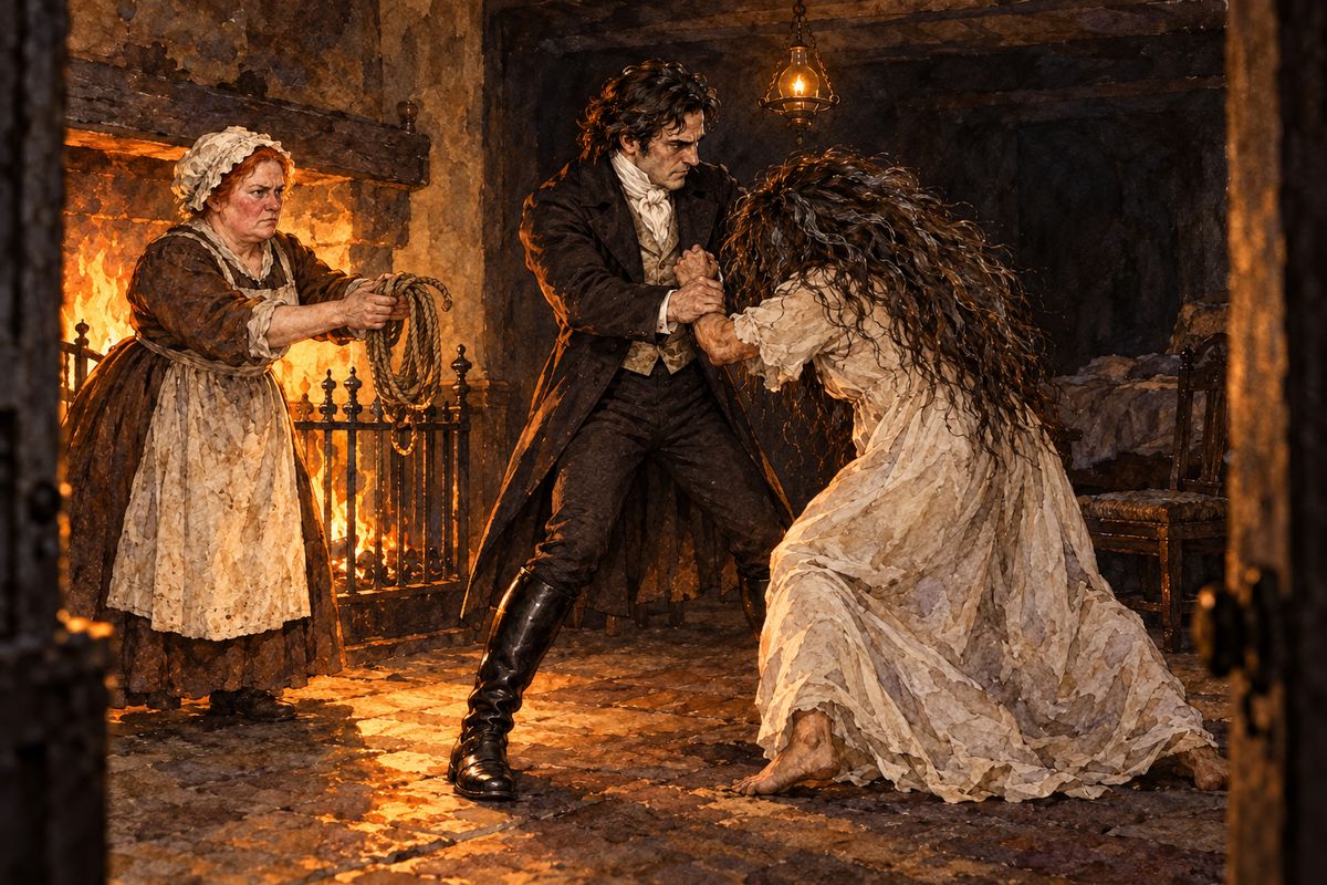 In a windowless inner room Grace Poole was cooking at a guarded fire while a shaggy figure ran to and fro in the shadows. Suddenly it sprang at Rochester's throat. He would not strike her; he only wrestled. At last he pinned her arms, and with Grace's cord he tied her to a chair.