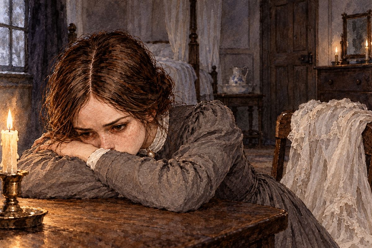 Jane bolted her door. Without a tear she took off the wedding dress and put on yesterday's plain stuff gown, then sat with her head on her arms. Yesterday she had been almost a bride; now her hopes lay dead, as if a December storm had swept over June.