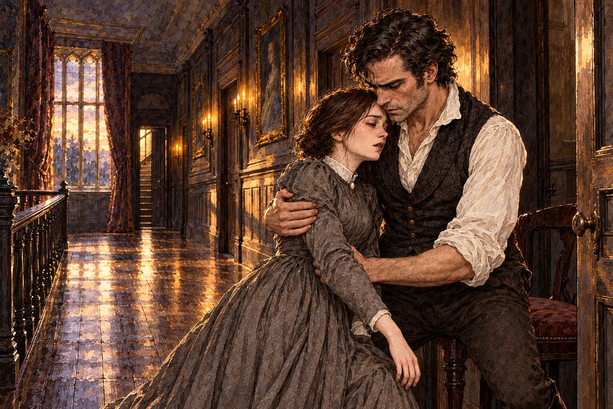Late in the afternoon, faint with hunger, Jane opened her door, stumbled, and fell into Rochester's arms. He had sat in a chair across her threshold all day, listening. “Will you ever forgive me?” he asked. She forgave him in her heart but could not speak, and he carried her down to the library.