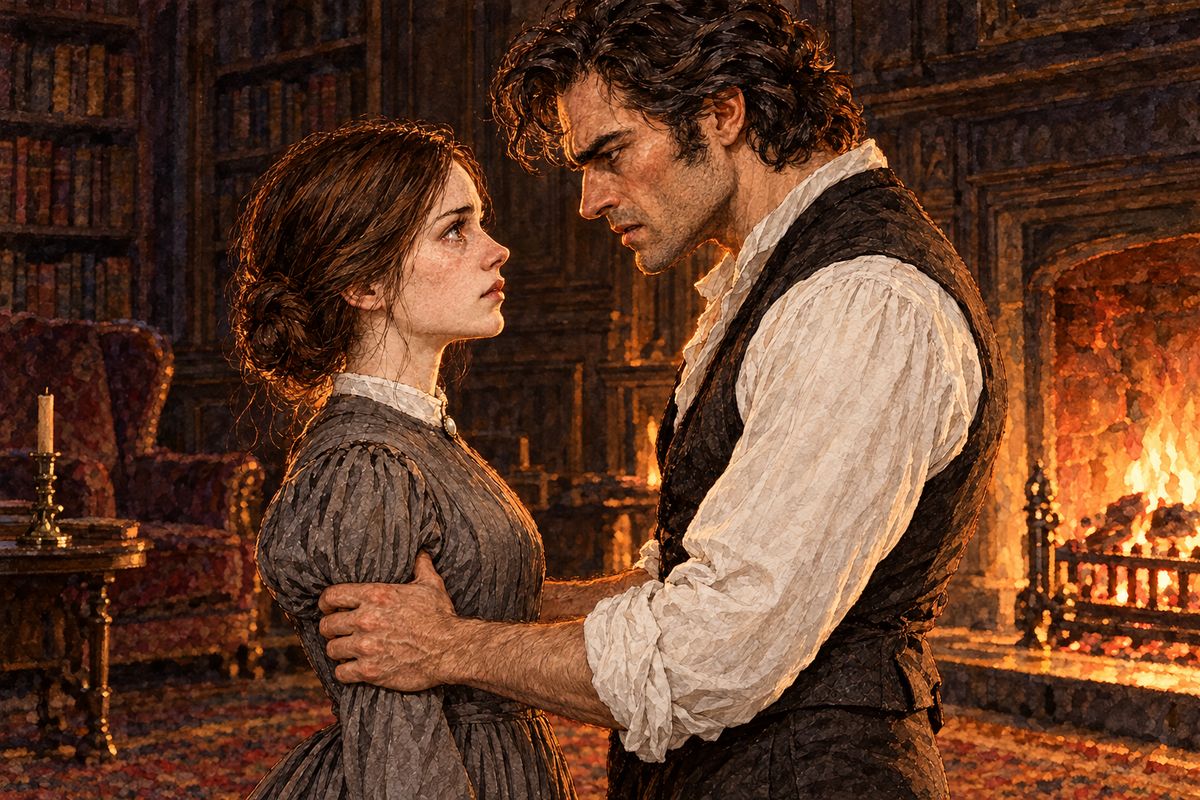 He had shut Bertha away at Thornfield and wandered Europe for ten years, until he found Jane. He begged her to say, “I will be yours.” “Mr Rochester, I will not be yours.” In fury he seized her, but her steady eyes defied him. He let her go and threw himself sobbing on the sofa.