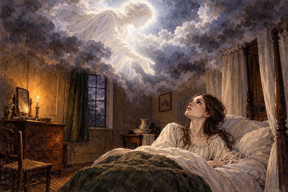 That night Jane dreamed she lay in the red-room at Gateshead again. The ceiling melted into clouds, and where the moon should have been, a white human form leaned toward the earth and spoke to her heart: “My daughter, flee temptation.” “Mother, I will,” she answered as she woke.