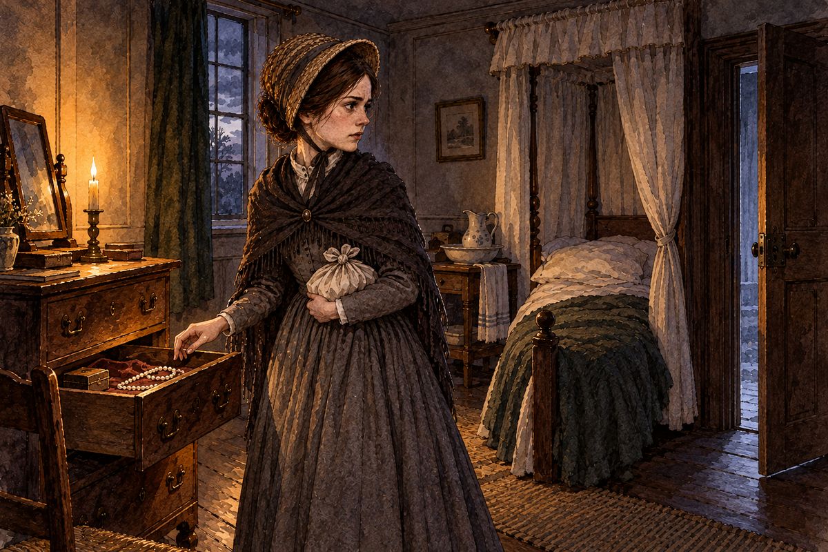Before dawn, still dressed, Jane made up a small parcel and pocketed her purse of twenty shillings. She left the pearl necklace behind: it belonged to a bride who had melted into air. At Rochester's door she heard him pacing, but she went on, slipped through the wicket gate, and was gone from Thornfield.