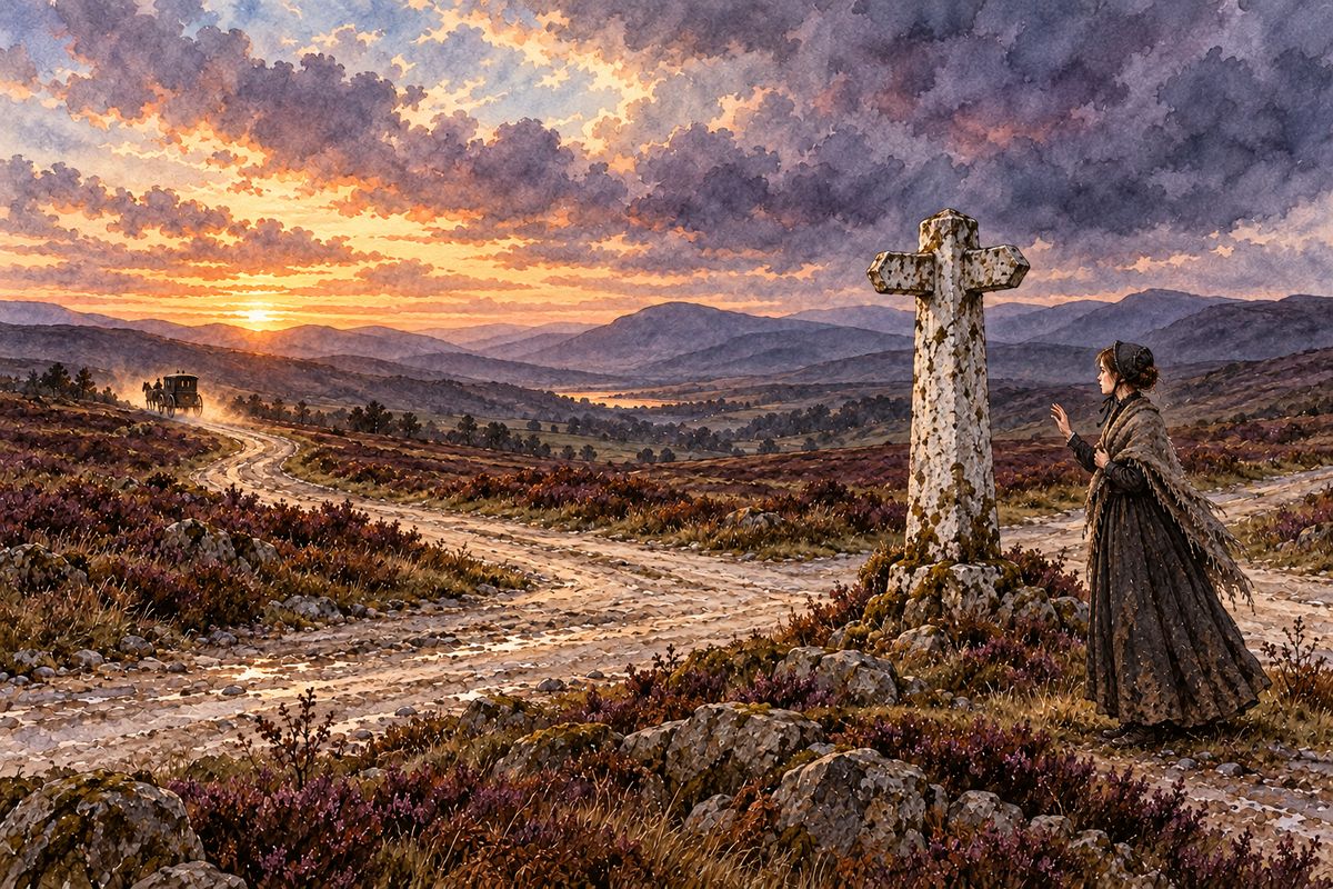 Two days after fleeing Thornfield, Jane was set down at Whitcross with no money left. As the coach rolled away, she realised she had left her only parcel in it. She was now completely destitute, alone at a stone signpost where four empty roads crossed the moors.