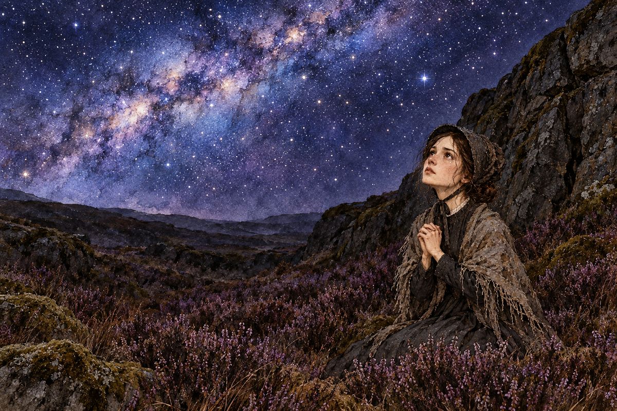 She lay down in the heather under a granite crag, with her shawl for a blanket. Her heart ached for Mr Rochester, and she knelt to pray for him. Beneath the great Milky Way she felt sure God would keep him safe, and that thought let her sleep.