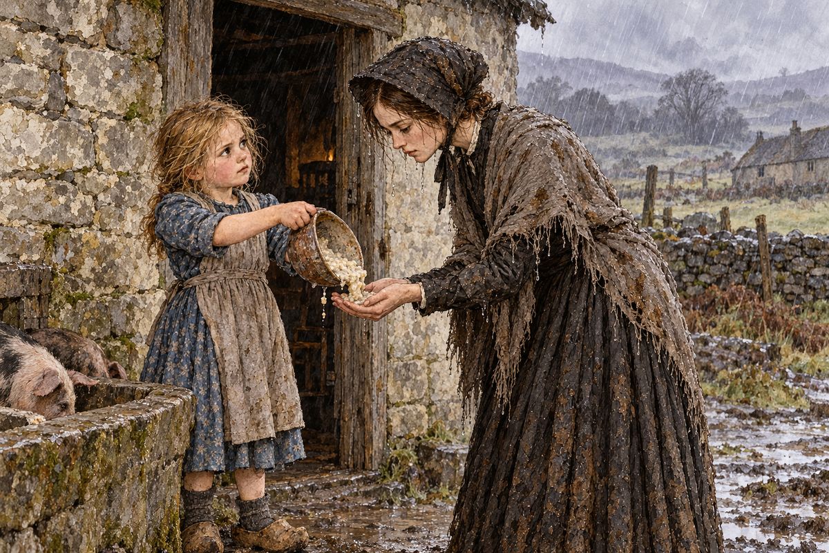 In the village, the shop woman would not take her handkerchief or gloves for bread, and a neat white door was gently shut on her. After a cold night in a wood and a day of rain, a little girl was about to tip cold porridge into a pig trough. Jane asked for it, and ate it ravenously.