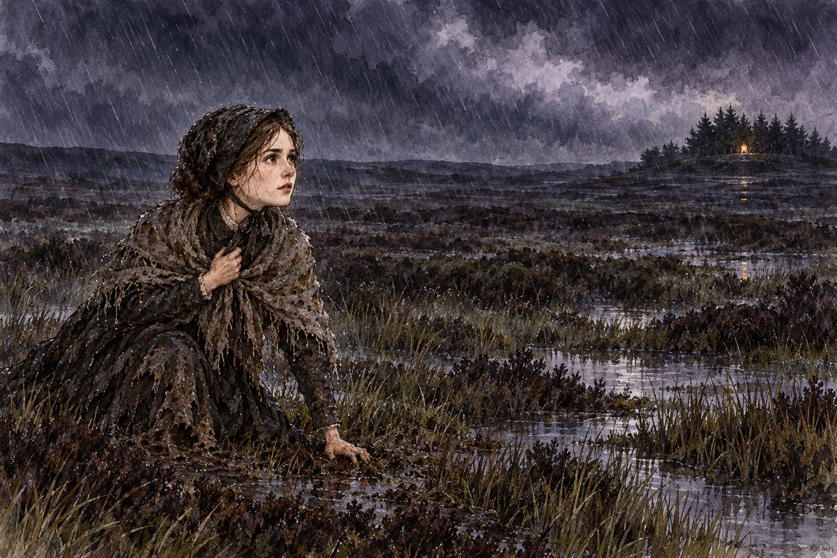 In the wet twilight, near the end of her strength, Jane climbed back onto the moor, thinking she would rather die there than in a street. Then, far off across the marshes, a light appeared. It burned steadily, so she dragged herself toward it through the bog, falling twice.