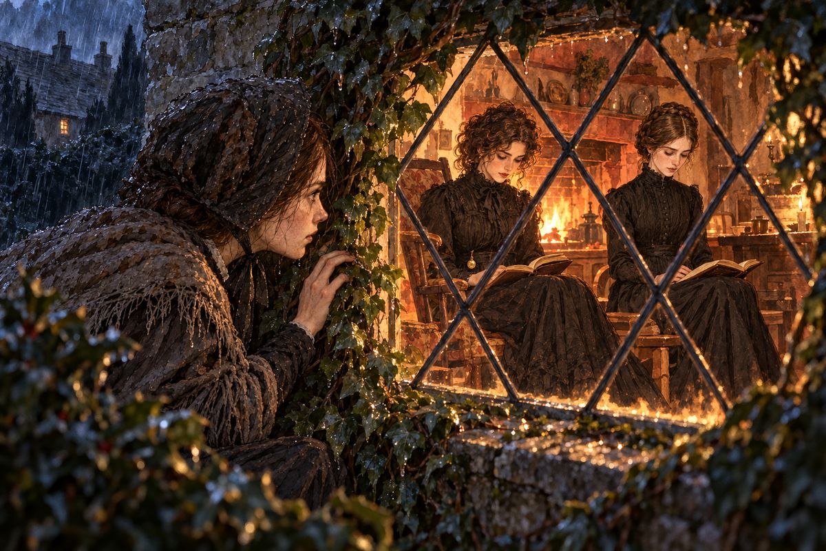 The light came from a low window at Moor House. Inside, two young ladies in deep mourning were studying German by the fire, while an old servant, Hannah, sat knitting. "Listen, Diana," said Mary, reading aloud from the book in her hands.