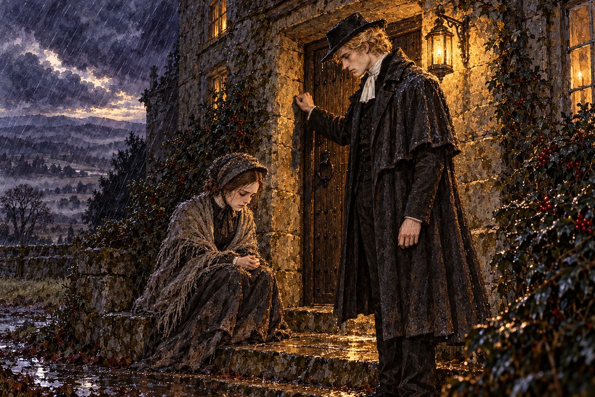 Hannah opened the door to her but would not let a "vagrant" in, and bolted it. Jane sank on the wet step and said, "I can but die, and I believe in God." A voice answered out of the dark: their brother, St John Rivers, had come home and heard everything. He brought her inside.