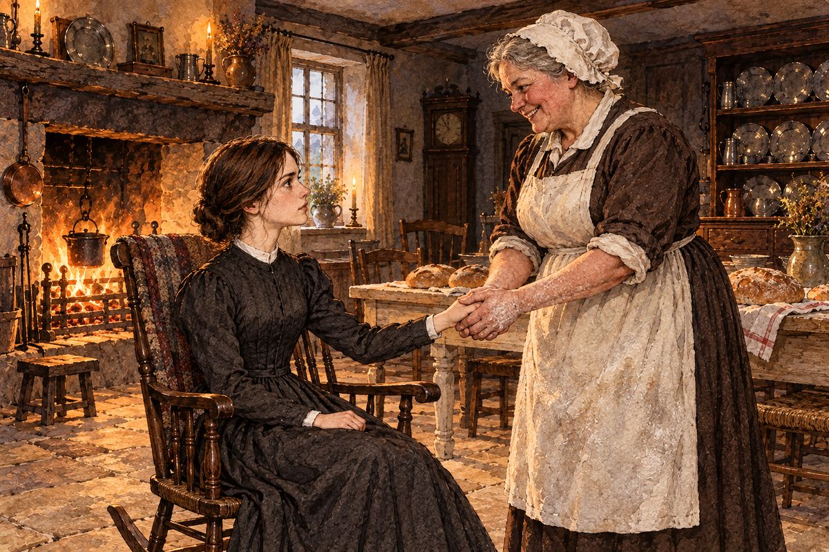 On the fourth day Jane came down and offered to pick gooseberries while Hannah baked. When Hannah hinted that she was a beggar, Jane told her firmly, "You ought not to consider poverty a crime." Hannah admitted she had been wrong and they shook hands. As they worked, Hannah told her about the old Rivers family.