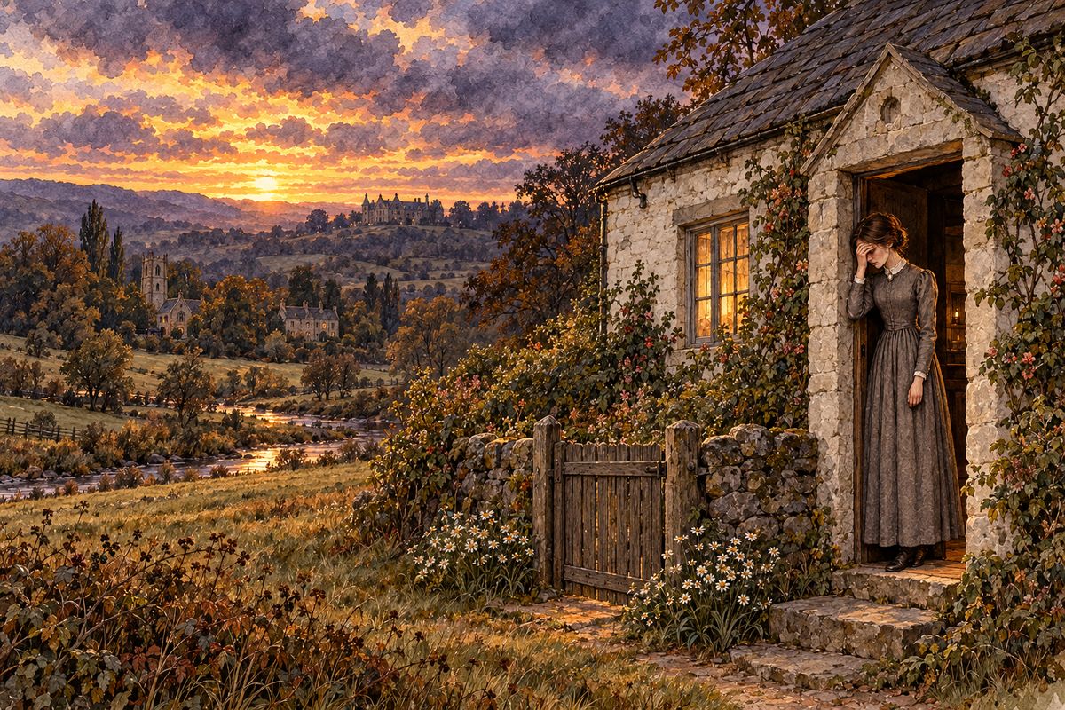 Jane's new home was a bare two-room cottage by the village school at Morton, where twenty rough farm girls had come to learn. That evening she told herself she had chosen rightly: better a free, honest schoolmistress than Mr Rochester's mistress in France. Yet as she watched the sunset from her door, she found herself weeping for him.