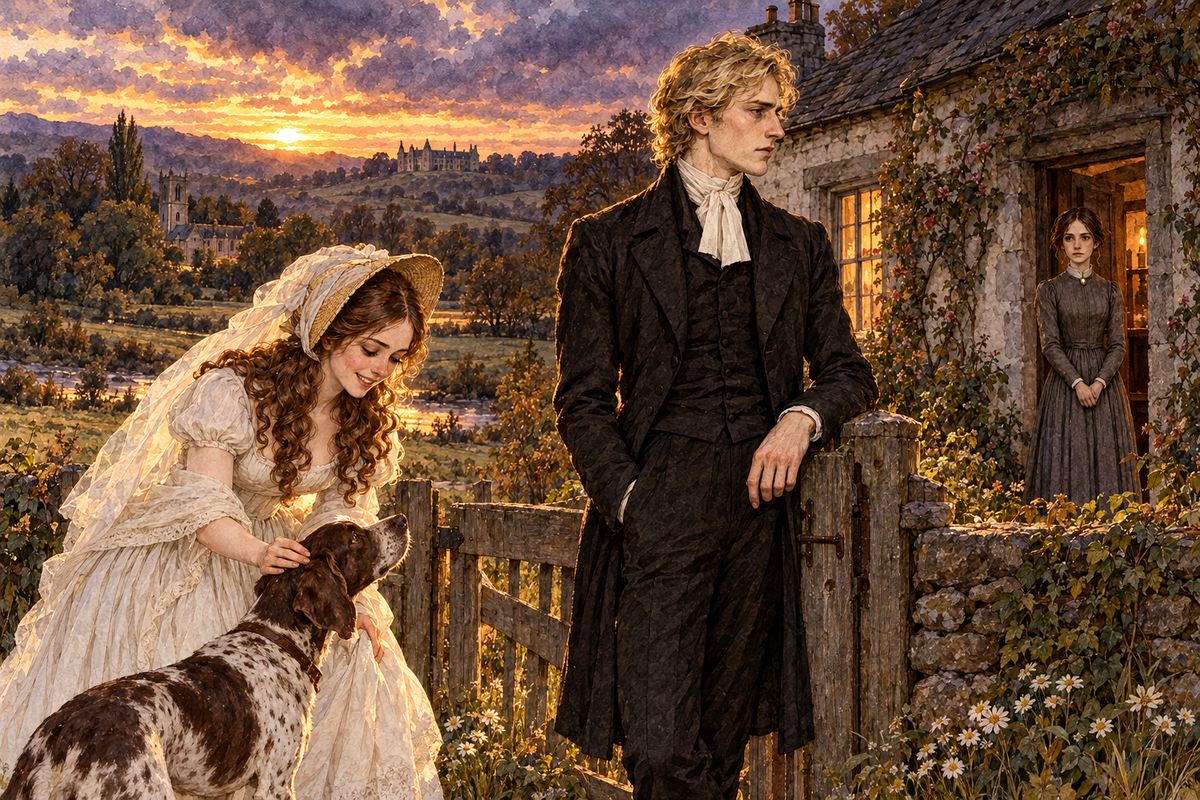 St John came by with a gift from his sisters and urged her never to look back. Then Rosamond Oliver, the heiress of Vale Hall, appeared at the gate all in white, lovely as a vision. St John went as pale as her gown and crushed the daisies underfoot. 'Not to-night, Miss Rosamond,' he said, and strode off without once turning round.