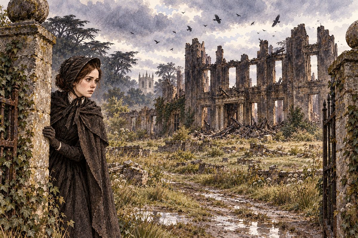 At the Rochester Arms, two miles from Thornfield, she ran across the same fields she had fled through a year before, hoping to see her master at his window. She peeped round a gate pillar and stared. The Hall was a blackened, roofless shell, its windows empty and grass already growing in the rubble.
