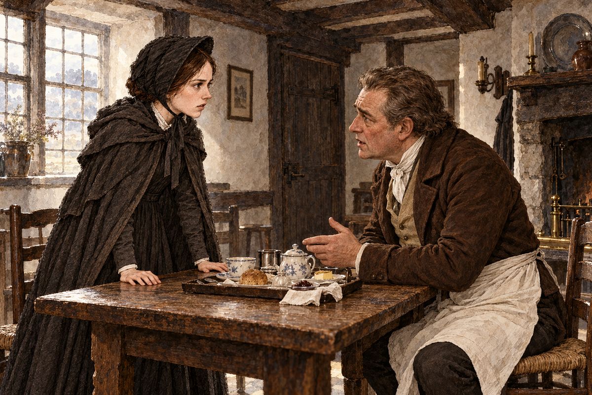 The innkeeper, once old Mr Rochester's butler, told her everything. Last autumn Bertha, the mad wife, had set the Hall on fire and leapt from the battlements as her husband reached her. Mr Rochester was pulled alive from the ruins, but he had lost one hand and his sight. 'He is stone-blind.' He lived now at Ferndean, thirty miles away, and Jane ordered a chaise at once.