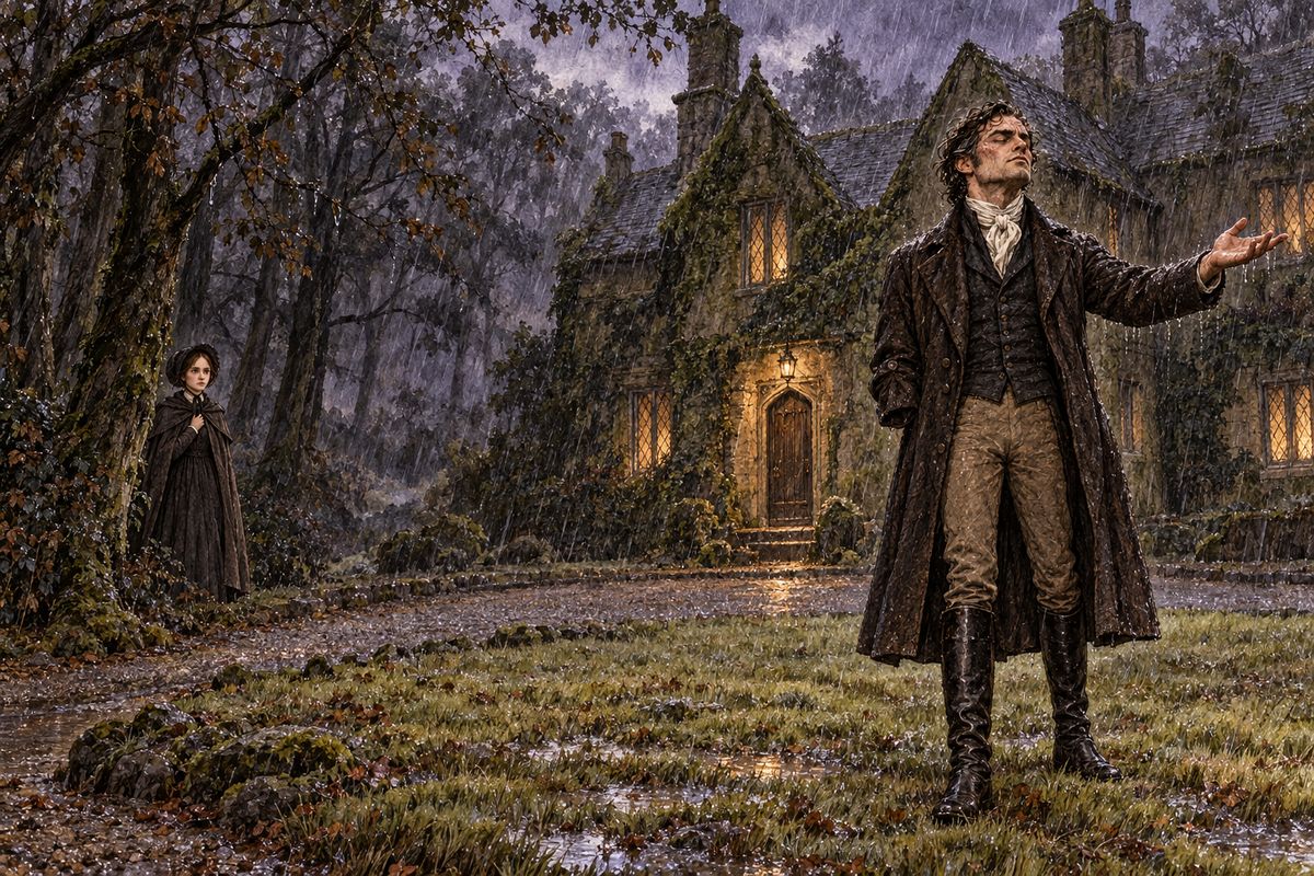 Jane walked the last mile to Ferndean, an old manor buried in a dripping wood, and reached it just before dark. The narrow door opened and Mr Rochester came out bareheaded, blind, reaching out a hand to feel the rain. He groped across the grass, found only empty air, and stood still in the downpour. Jane watched from the trees, unseen.