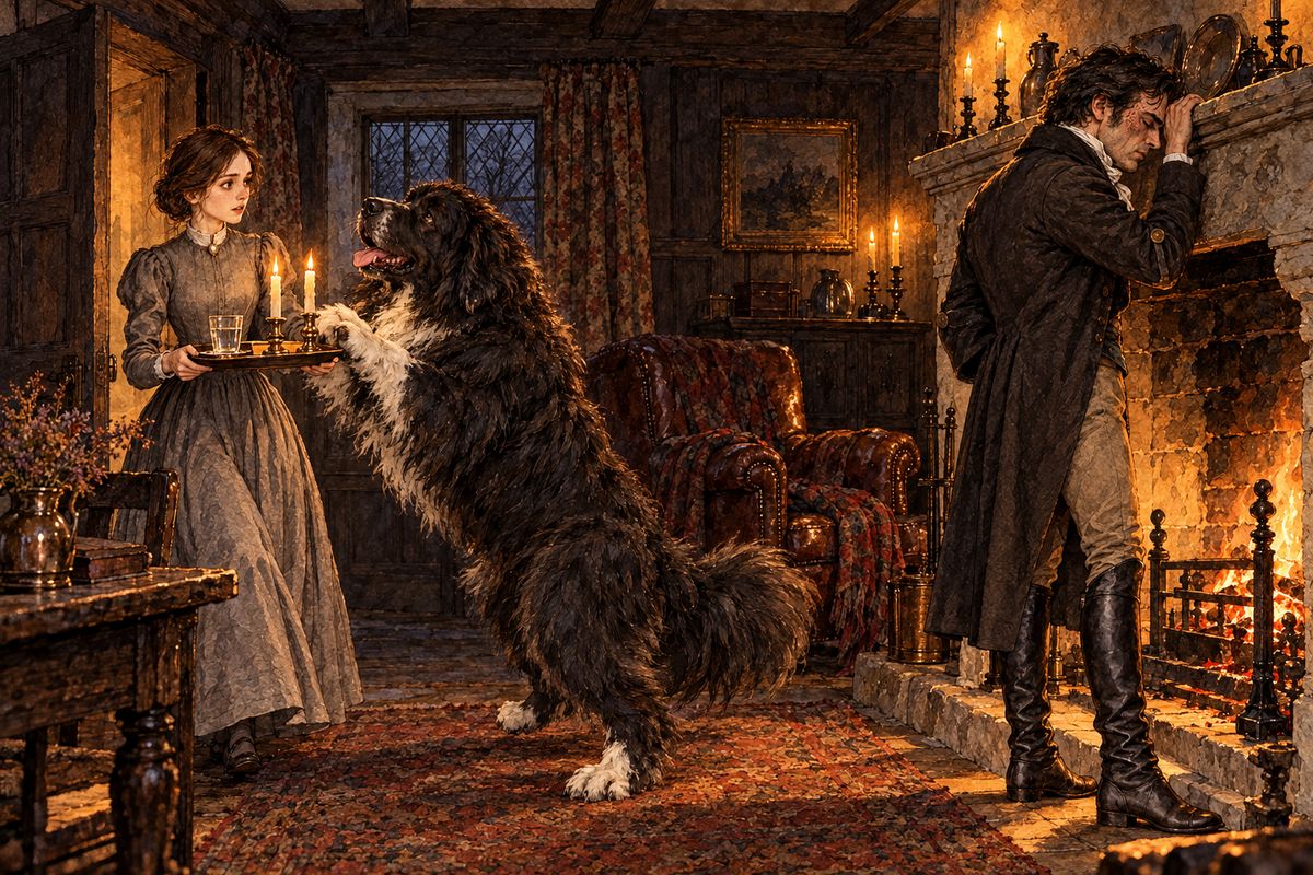 Inside, Jane took the tray of water and candles from Mary and carried it in herself, her hands shaking so that the water spilled. Old Pilot, lying by the hearth, knew her at once and bounded to her with a yelp. Rochester, leaning at the mantelpiece, turned his blind face towards the noise. "Give me the water, Mary," he said.