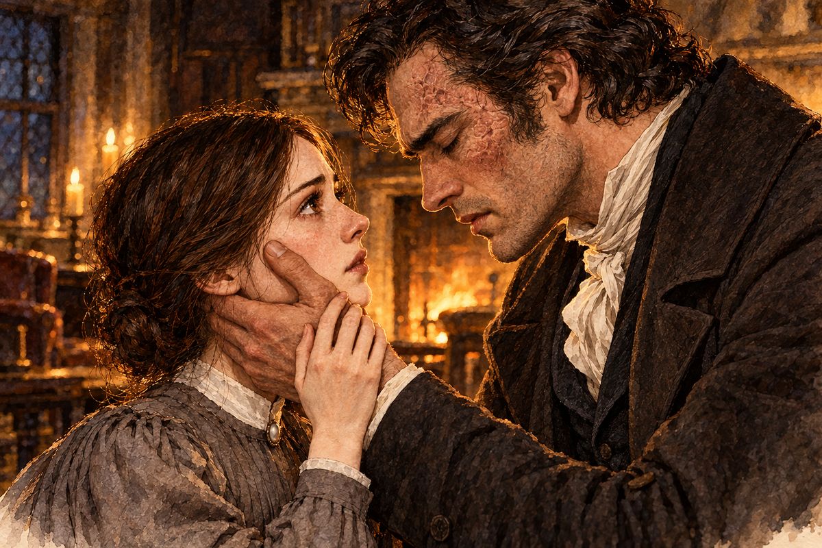 "Who is this? Who speaks?" he demanded, groping for her. Jane caught his wandering hand in both of hers. "Her very fingers!" he cried, and his hand went to her arm, her shoulder, her face. "I am Jane Eyre," she told him. "I have found you out. I am come back to you."