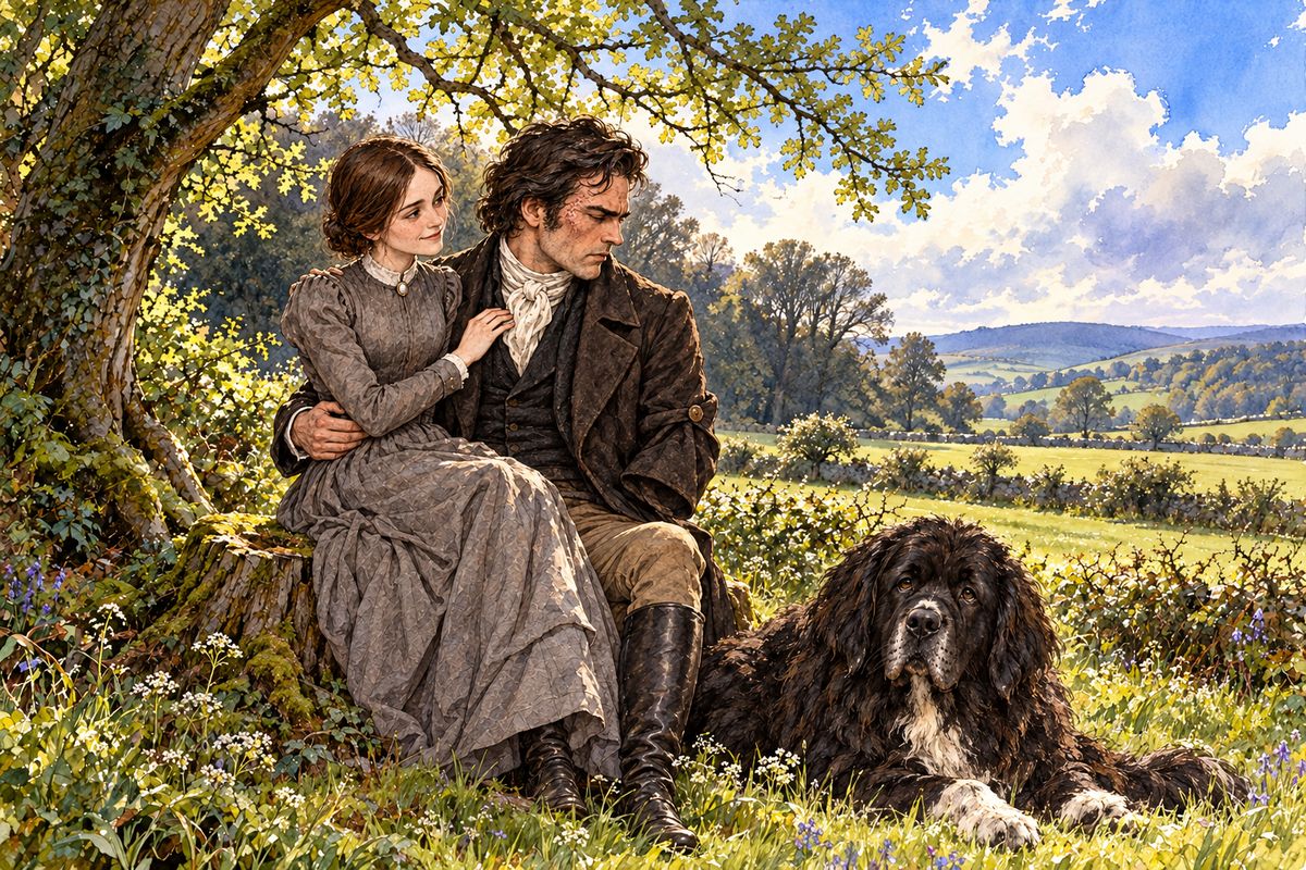 Next morning the rain was gone, and Jane led him out into the bright fields. Sitting on his knee on an old tree-stump, she told him about her year away, and teased him with praise of her handsome cousin St John. Rochester grew fiercely jealous, until Jane admitted St John had only wanted a missionary's wife, and that her whole heart was his.