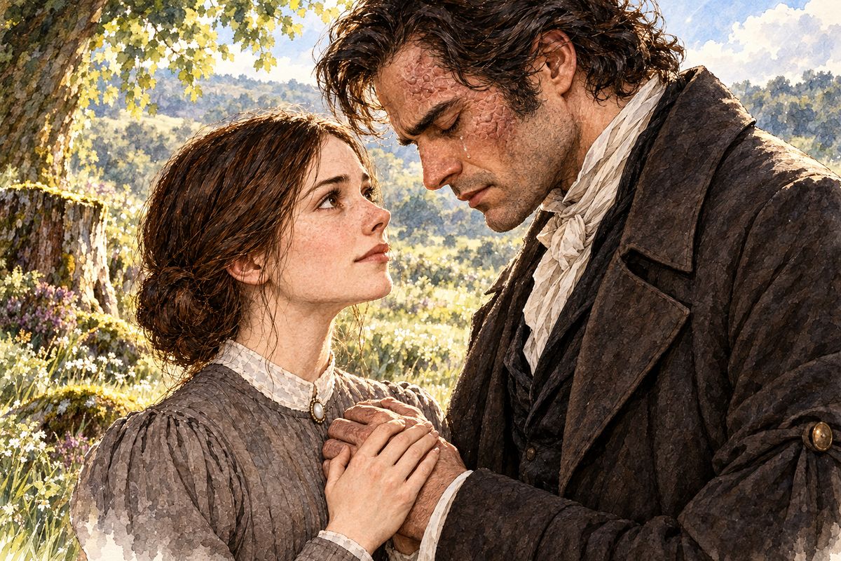 Then the gloom came back. He called himself a ruin, like the lightning-struck chestnut at Thornfield. Jane said he was green and strong, a tree that other plants would lean on. "Jane, will you marry me?" he asked at last. "A poor blind man, whom you will have to lead about by the hand?" "Yes, sir," she answered each time.