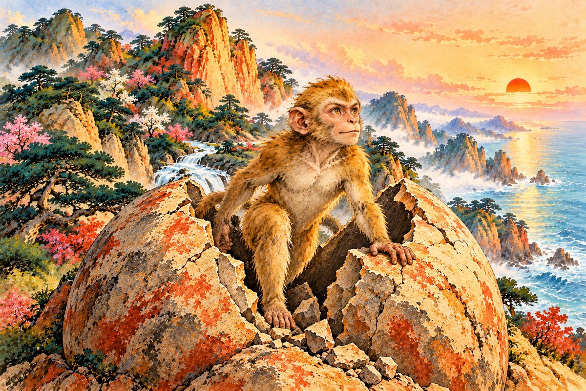On Flower-Fruit Mountain, a stone had gathered the sun and moon's essence for countless years. One day it split, and a small monkey stepped out, blinking at a world that seemed made for discovery.