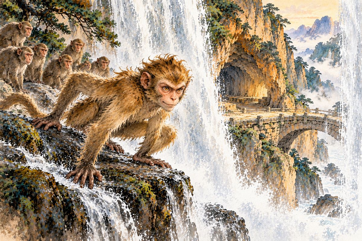 One hot day, the troop followed a stream to a waterfall. They promised to honor any monkey who could pass through its white curtain and return unharmed. The stone monkey called, 'I will go!'
