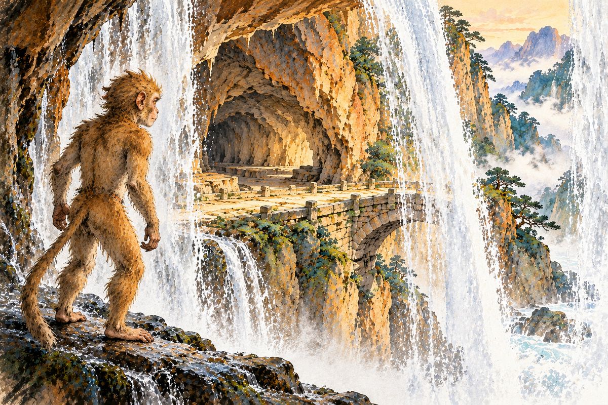 He jumped through the torrent and found dry ground behind it. A stone bridge led into a broad cave, sheltered from wind and rain. The hidden place could be a home for all of them.