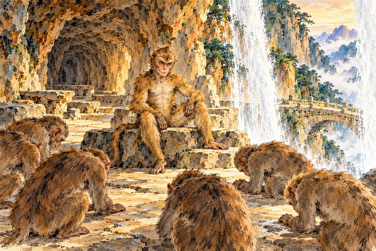 The others followed him through the water. They explored the cave, then remembered their promise: the brave jumper should be king. He accepted gladly, and the stone monkey became the Handsome Monkey King.