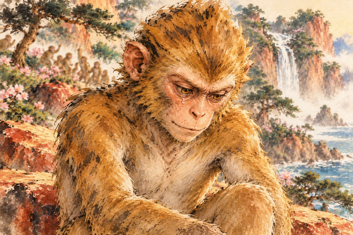 Years of feasting and play followed. Then, at a happy gathering, the king thought of a future he could not defeat: even monkeys died. He wept, and his companions fell quiet around him.