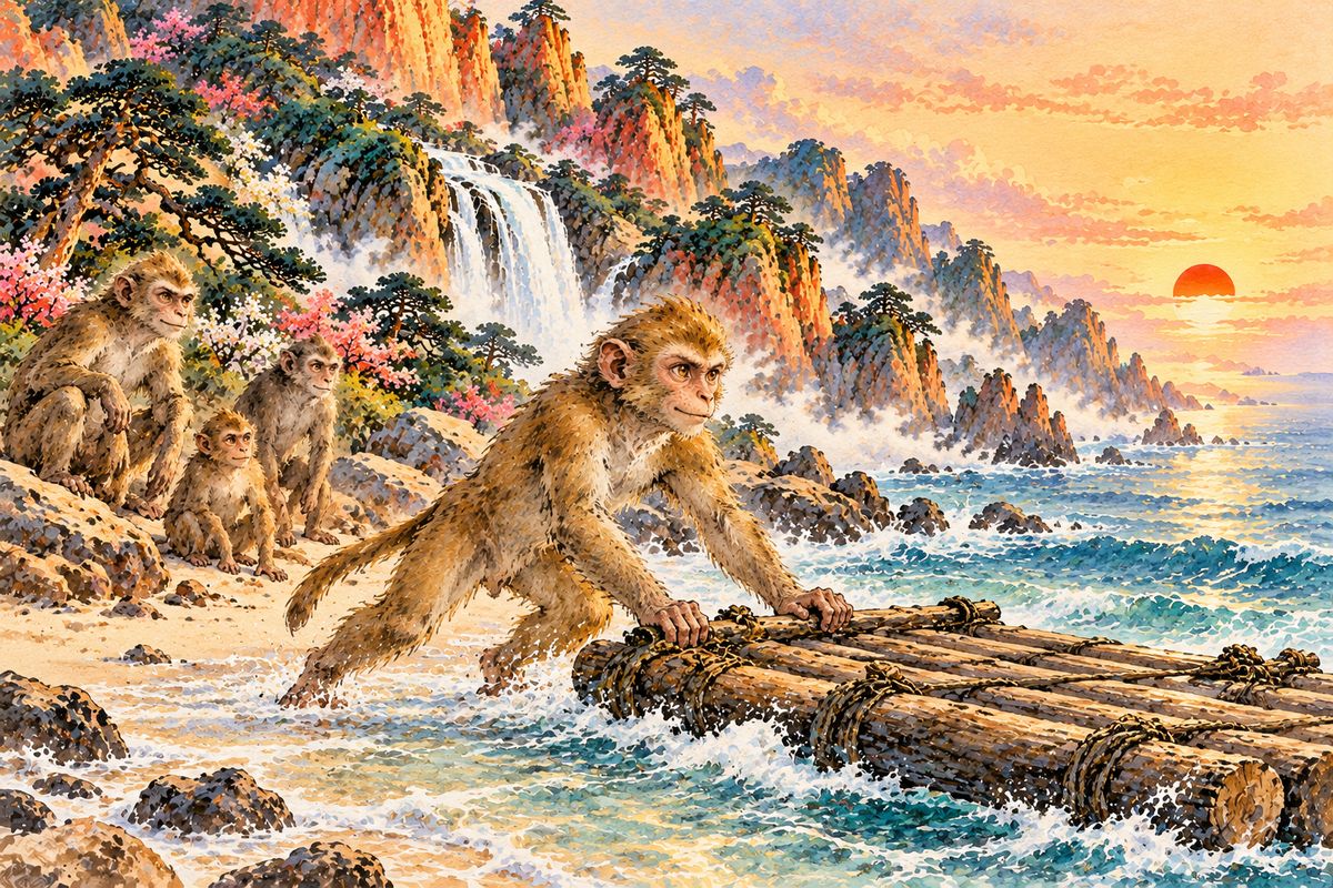 An elder monkey spoke of beings beyond death: Buddhas, immortals, and sages. The king resolved to find such a teacher. His people made him a little raft, and he pushed away from the shore alone.