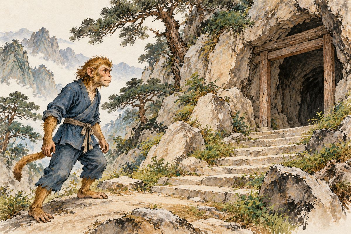 He crossed seas, learned to move among humans, and searched for years. At last, in western mountains, a woodcutter's song led him toward the cave of Patriarch Subhuti. The journey had brought him to a door.