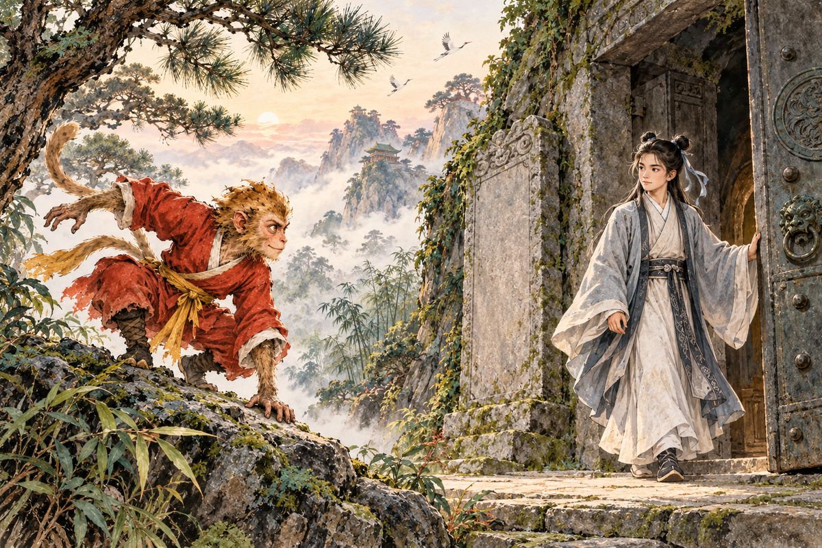 The Monkey King found the cave door shut and dared not knock, so he played in a pine tree, nibbling pine seeds. At last the door creaked open, and an immortal boy said his master expected a visitor.
