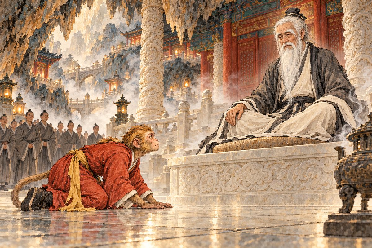 Deep inside, the Monkey King bowed again and again before Patriarch Subhuti. The Patriarch doubted he could have crossed two oceans, but the monkey explained he had travelled for years and was born from a stone.