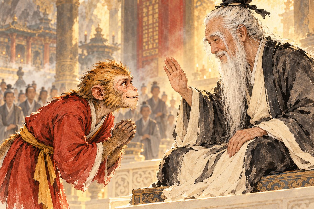 Pleased, Subhuti gave him the surname Sun and, following the school's naming order, the religious name Wukong, meaning 'Aware of Emptiness.' The delighted monkey cried, 'Good, good, good! From today I am Sun Wukong!'