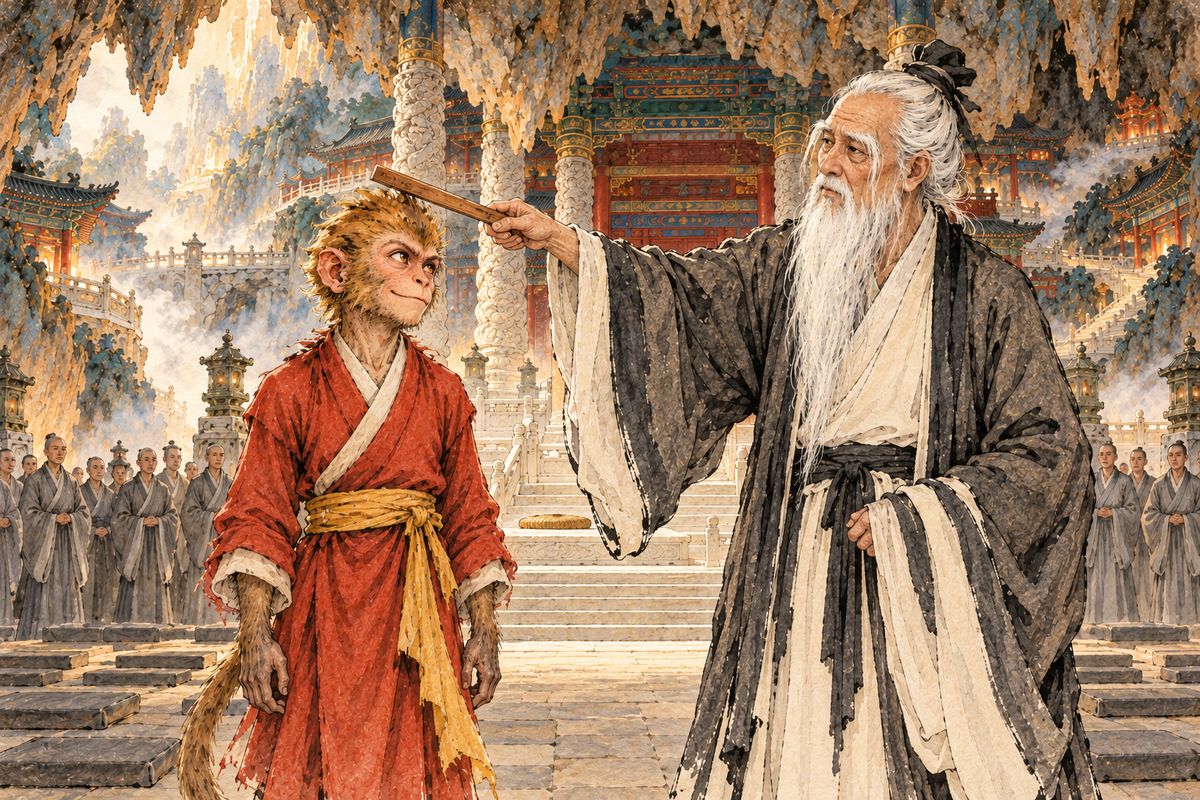 After seven years of sweeping and chores, Wukong refused every path his teacher offered that could not grant eternal life. Subhuti tapped his head three times with a ruler, then walked inside and shut the middle door.