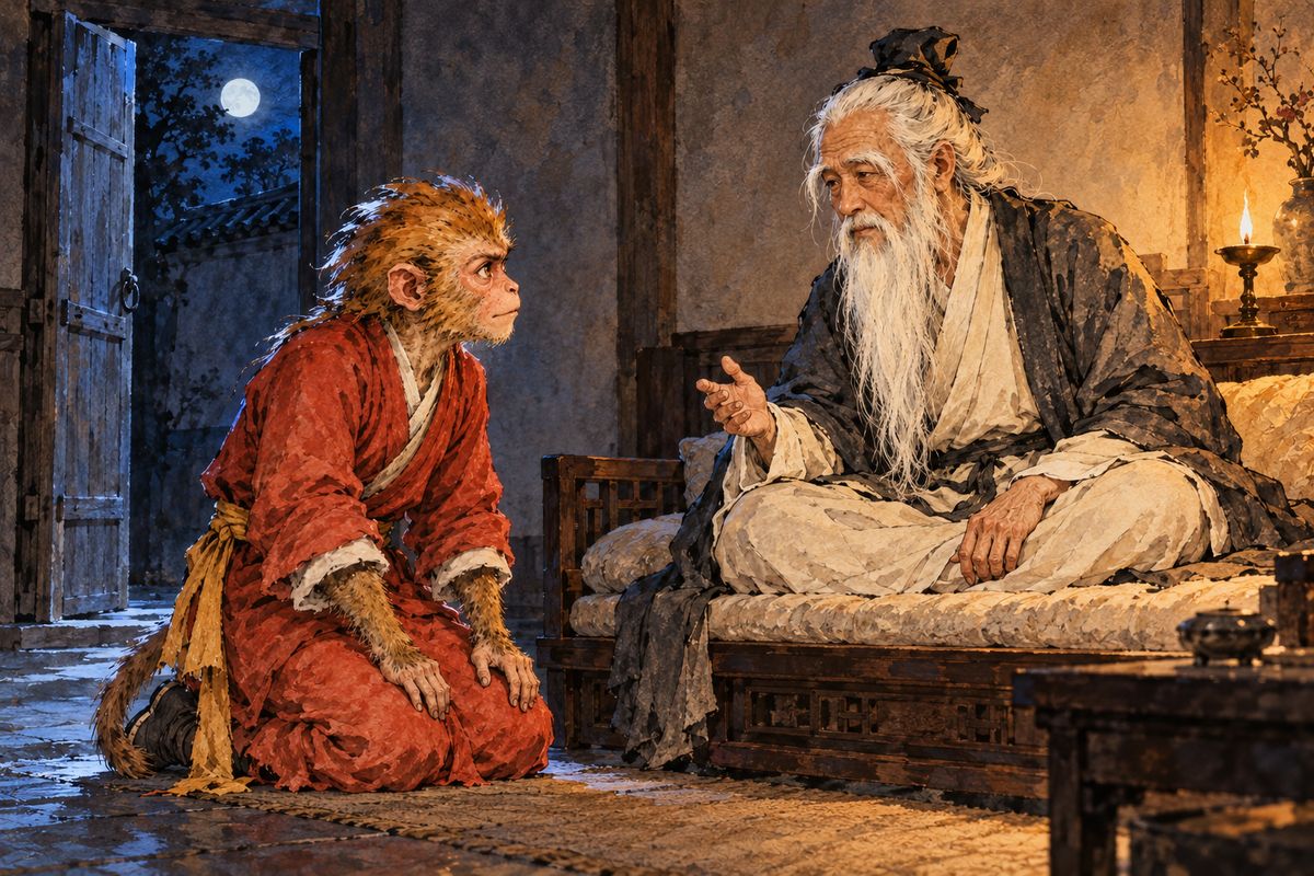 The other students scolded him, but Wukong had solved the riddle: come at the third watch, through the back door. At midnight he knelt by his teacher's bed and secretly received the formula for long life.